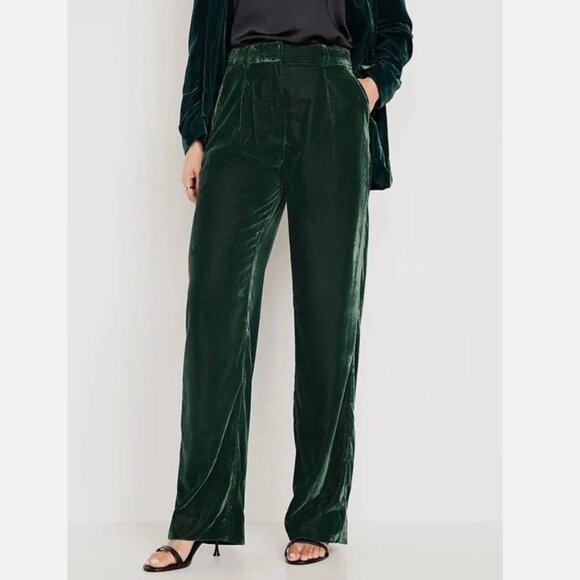 Old Navy High-Waisted Pleated Taylor Velvet Pants Dark Green Christmas Holiday - Picture 1 of 3